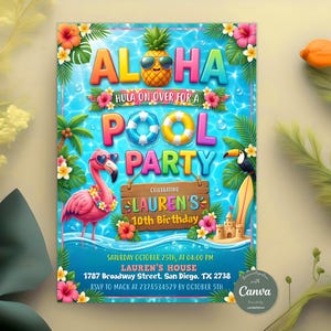 May include: A vibrant pool party invitation with the words "ALOHA" and "POOL PARTY" in bright colors. The invitation features a flamingo, pineapple, toucan, and a surfboard. The invitation is for Lauren's 10th birthday.