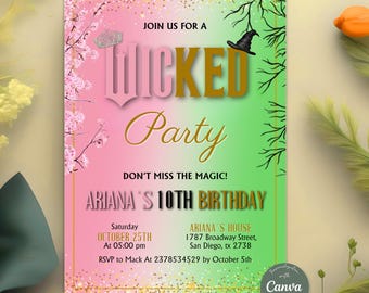 Invitation inspirée de Wicked, Invitation pour une fête d'anniversaire Wicked, Billet numérique pour une soirée cinéma Wicked, Fête rose et verte, Modèle Canva