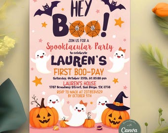 Hey Boo Ghost 1st Birthday Party Invite, Spooktacular First Boo Day Halloween Birthday Invitation, Editable Canva Template