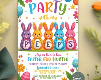 Editable Easter Egg Hunt Invitation Party With My Peeps Hop On Over Spring Easter Bunny Printable Invite Template Instant Digital Download