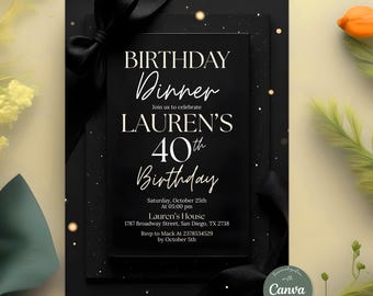 Digital Birthday Dinner Invitation, Black Tie Formal Glam Invite, Black Silver Diamond Evite For Men & Women, Editable Canva Template