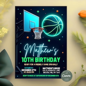 Neon Basketball Birthday Invitation, Sports Party Invitation, Girls Boys Birthday Invitation, Slam Dunk, Any Age, Editable Printable