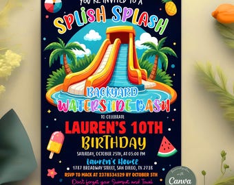 Water Slide Birthday Invitation, Backyard Water Slide Party Invite, Summer Splash Pool Birthday, Any Age, Editable Canva Template