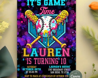 Editable Baseball Ice Cream Drip Birthday Invitation Neon Party Invite, Tween Boy Baseball Drip Birthday Digital Download, Canva Template