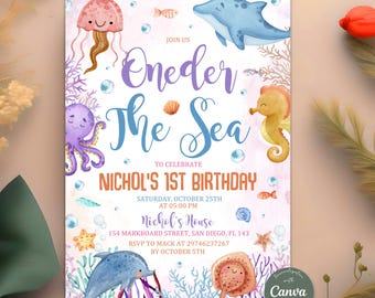 Oneder the Sea Birthday Invitation, Under the Sea Editable Template, 1st Birthday, Ocean Animals Girls Under the Sea Invite, Editable Canva