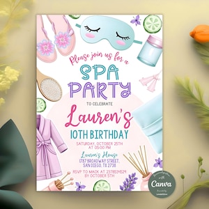 Spa Party Birthday Invitation, Spa Girl Invitation, Twee Birthday Party Invite, Pamper Birthday Glam Party, Editable Canva Template