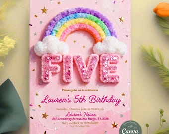5th Birthday Invitation, Rainbow Sequin Party Invite, Fuzzy Rainbow Celebration, Pastel Birthday, Editable Canva Template