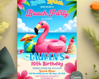 Beach Party Birthday Invitation | Pool Party Kids Birthday Invite | Editable Canva Template | Summer Luau Tropical Printable