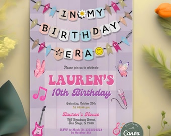 Invitación de cumpleaños de niña, invitación de In My Birthday Era, invitación de fiesta musical de cumpleaños de niña adolescente, invitación de pulsera de la amistad, Canva editable