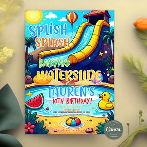 Waterslide Birthday Invitation, Summer Pool Party, Splash Birthday Evite, Water Slide Bash, Boy or Girl Splash Party Invite, Editable Canva