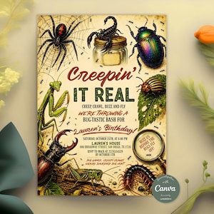 Könnte beinhalten: Eine Geburtstagseinladungskarte mit Illustrationen von Spinne, Skorpion, Käfer, Gottesanbeterin, Hirschkäfer, Heuschrecke und Tausendfüßler. Der Text lautet Creepin' IT REAL, Lauren's Birthday sowie Details zur Veranstaltung am 25. Oktober.