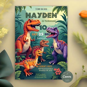 Faire-part dinosaure, monde dinosaure, fête d'anniversaire garçon dinosaure, invitation fête T-Rex, Jurassique 1er 3e 5e anniversaire, toile modifiable