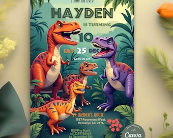 Dinosaurier-Party-Einladung, Dinosaurier-Welt einladen, Dinosaurier-Geburtstags-Party einladen, T-Rex-Party einladen, Jurassic 1.3.5. Geburtstag, bearbeitbare Canva