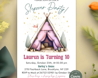 Sleepover Birthday Invitation, Slumber Party Birthday Invitation, Pajama Party Invite, Glamping, Pink Girl Invite, Editable Canva Template