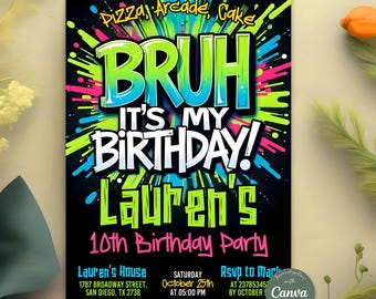 Bruh It's My Birthday Invitation, Bruh Neon Invitation, BRUH YOU IN? Neon Gamer Birthday Invitation, Teenager Invite, Editabale Canva