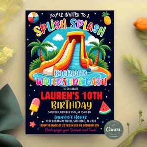 Editable Waterslide Birthday Invitation, Canva Editable Boy Girl Splash Party Invite, Water Slide Bash, Summer Party Invite, Any Age