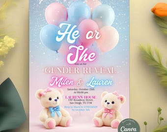 EDITABLE Teddy Bears Gender Reveal Invitation, Pink And Light Blue He or She, Teddy Bear Idea Gender Reveal Invite, Editable Canva Template