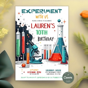 May include: A colorful birthday invitation with a science theme. The invitation features a microscope, beakers, and test tubes filled with colorful liquids. The text on the invitation reads "Experiment with us" and "Lauren's 10th Birthday".