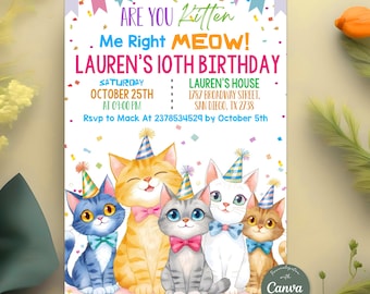Invitación de cumpleaños de gato, invitación de cumpleaños con temática de gato, invitación de cumpleaños de Let's Pawty, cumpleaños de Are You Kitten Me, plantilla editable de Canva