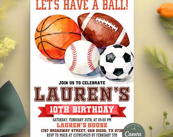 Let's Have a Ball Sports Birthday Invitation, Watercolor Basketball Football Baseball Soccer Multi Sport Editable Canva Template