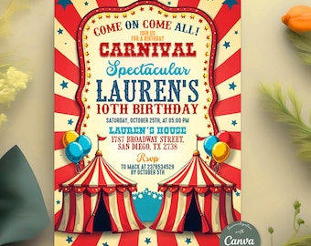 Carnival Birthday Invitation, Circus Party Invite, Carnival Circus Birthday Party, Kids Invitation, Editable Canva Template