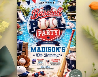 Baseball Pool Birthday Invitation, Baseball Party Invite, Sports Splash Summer Birthday Party, Editable Canva Template