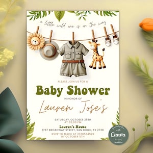 Editable Safari Baby Shower Invitation, Greenery Clothesline Invite, Jungle Baby Shower Invite, Greenery Jungle Animal Baby Shower Invite