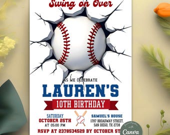 Editable Baseball Birthday Invitation, Baseball Party Invites, Sports Invitation, Swing on Over , Rookie of the Year, Instant Download