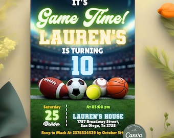 All Star Sports Invitation Template, Neon Sports Invites, Sports Theme Invitation, Sport Flyer, Any Age, Instant Download