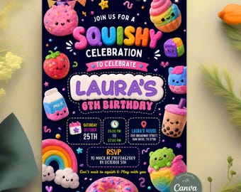 Squishy Birthday Invitation, Kawaii Sensory Party Invite, Cute Squishy Birthday Party, Editable Canva Template