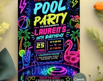 Neon Pool Birthday Invitation, Summer Party Invite, Neon Glow Swim Invitation, Editable Canva Template