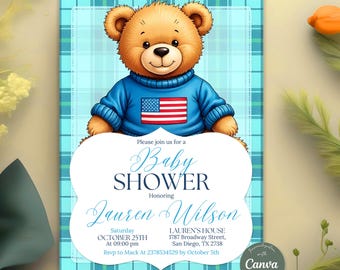 Plaid Teddy Bear Baby Shower Invitation, Preppy Polo Boy Shower, Luxury Vintage Party, Digital Download, Editable Canva Template