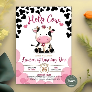 Holy Cow-verjaardagsuitnodiging, uitnodiging Cowgirl-feestje, uitnodiging voor feest Banyard, uitnodiging voor feest, heilige koe, bewerkbare canvas sjabloon