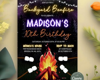 Bonfire Birthday Invitation, Bonfire Birthday Party Invite, Bonfire & Smores Invite, Bonfire BBQ, Backyard Firework Party, Editable Canva