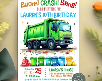 Garbage Truck Birthday Invitation, Dump Everything Trash Truck Birthday Invite, Recycling Party, Dump Truck Party, Editable Canva Template