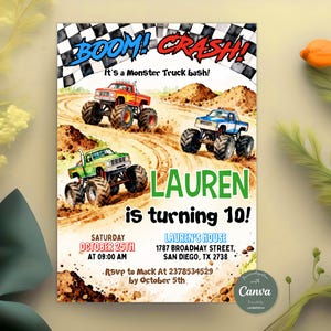 Op de afbeelding: Een monster truck verjaardagsuitnodiging met een geblokte rand, drie monster trucks in rood, blauw en groen op een zandbaan, en de tekst: BOOM! CRASH! It's a Monster Truck bash! LAUREN is turning 10! Saturday October 25th at 09:00 AM.