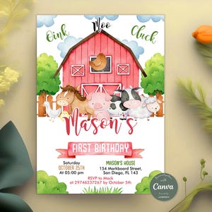 Farm Birthday Invitation, Farm Animals Party Invite, Barnyard Animals, Ranch Kids Birthday Invitation, Floral Barnyard Animals