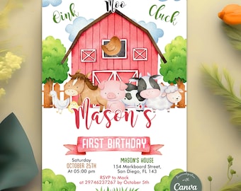 Invitación de cumpleaños de granja, invitación a fiesta de animales de granja, animales de granja, invitación de cumpleaños para niños del rancho, animales de granja florales