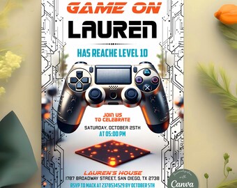 Video Game Birthday Invitation, Game On Party Invite, Gamer Birthday Invite, Arcade Party Invitation, Editable Canva Template