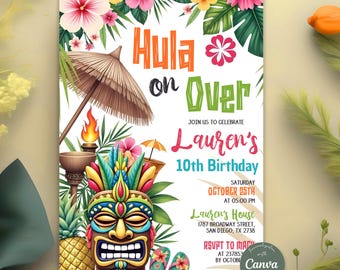 Aloha Luau Birthday Invitation, Hawaiian Birthday Party Invite, Luau Party Invitation, Hawaiian Invitation, Editable Canva Template