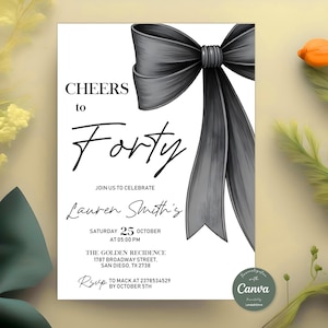 Editable Black Bow Birthday Invitation, Minimalist Black Bow Birthday Invite, Black Ribbon Coquette 30th 40th 50th Birthday Party