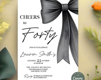 Editable Black Bow Birthday Invitation, Minimalist Black Bow Birthday Invite, Black Ribbon Coquette 30th 40th 50th Birthday Party