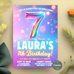Editable Pink 7th Birthday Invitation, Girl Birthday Party Invitation, Glitter Party Birthday, Rainbow Foil, Instant Download