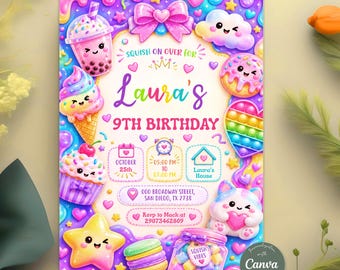 Squishy Sensory Birthday Invitation, Squishy Rainbow Birthday Party, Kawaii Sensory Party Invite, Editable Canva Template