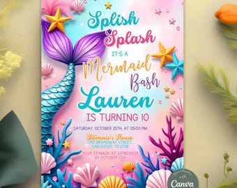 Editable Mermaid Tail Birthday Invitation, Under the Sea Birthday Party Invite, Mermaid Bash Birthday Invite, Whimsical Mermaid, Canva