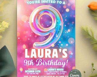 May include: A colorful invitation for a 9th birthday party. The invitation features a large iridescent number 9 balloon with a pink and blue background. The text "YOU'RE INVITED TO A LAURA'S 9th Birthday!" is written in white. The invitation also includes details about the party, such as the date, time, and location. RSVP to Mack at 2378534529 by October 5th.