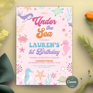 Oneder the Sea Birthday Invitation, Under the Sea Invite, Ocean Birthday Party Invitation, 1st Birthday Invite, Editable Canva Template
