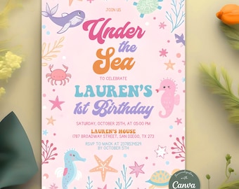 Oneder the Sea Birthday Invitation, Under the Sea Invite, Ocean Birthday Party Invitation, 1st Birthday Invite, Editable Canva Template