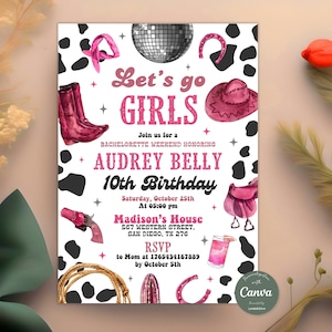 Cowgirl Birthday Invitation, Nashville Party, Pink Cowgirl Party Invite, Space Cowgirl Birthday, Disco Rodeo Invite, Editable Canva Template