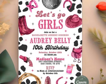 Invitación de cumpleaños de vaquera, fiesta de Nashville, invitación de fiesta de vaquera rosa, cumpleaños de vaquera espacial, invitación de rodeo disco, plantilla de Canva editable